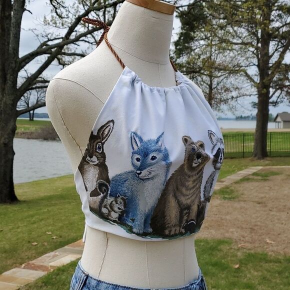 Hey Sue! Upcycled Raccoon Bear Fox  Halter Top Reversible Festival Top S/M - Picture 7 of 11